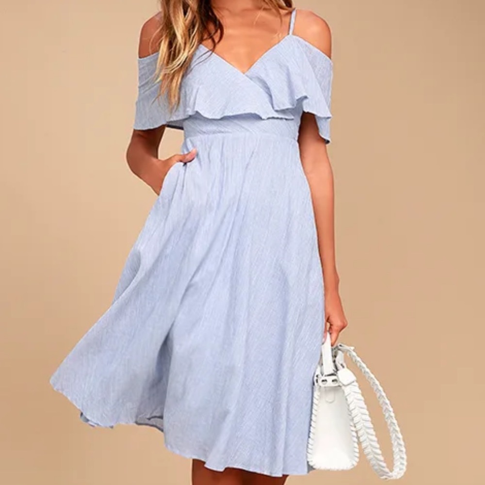 EUC LULU’S Yacht Rock Blue and White Striped Off-the-Shoulder Midi Dress small